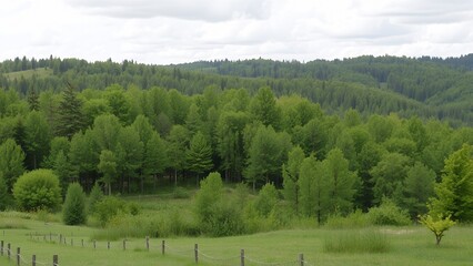 Poster - Rolling green hills and forests in the distance under a cloudy sky.