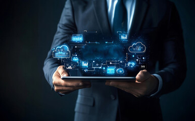 Leinwandbilder - Businessman showing SaaS icons for software services on cloud system. Internet and networking technology.
