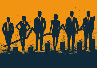 Poster - Silhouetted Business Team Analyzing Growth Chart in Vector Illustration, Concept of Teamwork, Business Success, and Market Growth