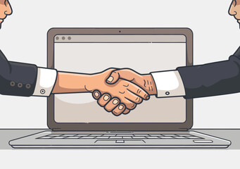 Poster - Business Partners Shaking Hands Through Laptop Screen, Digital Agreement, Online Network Connection, Minimalistic Business Vector Illustration