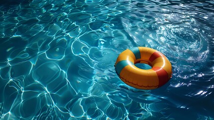 colorful inflatable ring floats on the surface of a shimmering blue swimming pool, capturing the essence of summer relaxation and fun. Ideal for themes related to vacation, poolside leisure