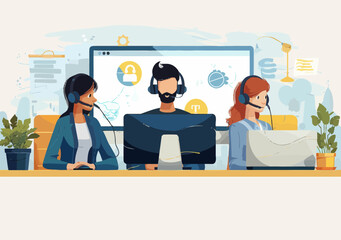 Poster - Online Technical Support Team at Call Center Providing Customer Service, Hotline Operators with Headsets Working in Office Environment, Minimalistic Vector Illustration