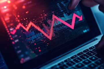 Leinwandbilder - There is an economic crisis and global recession. There is economic stagnation and inflation, business investment risks, and businessmen use laptops to analyze economic graphs.