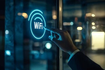 Leinwandbilder - Communication social network concept. Person touches WiFi technology 7 icon on virtual screen and connects to internet.