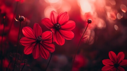 Vibrant red flowers in soft focus, capturing the beauty of nature with warm sunlight creating a dreamy atmosphere.