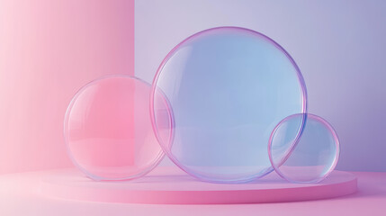 Poster - translucent spheres in pastel colors on a soft pink and purple background, creating a modern and min