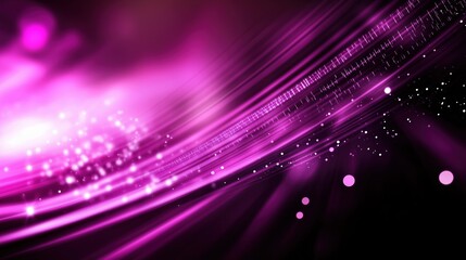Poster - Abstract background with vibrant purple light rays and scattered bokeh lights, illustrating a glowing digital data stream against a black backdrop. This dynamic scene represents modern digital technol