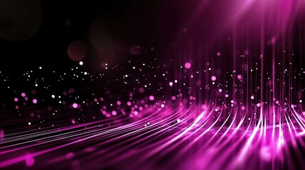 Poster - Abstract background with vibrant purple light rays and scattered bokeh lights, illustrating a glowing digital data stream against a black backdrop. This dynamic scene represents modern digital technol