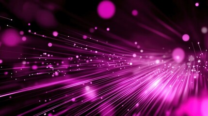 Poster - Abstract background with vibrant purple light rays and scattered bokeh lights, illustrating a glowing digital data stream against a black backdrop. This dynamic scene represents modern digital technol