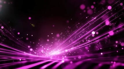 Poster - Abstract background with vibrant purple light rays and scattered bokeh lights, illustrating a glowing digital data stream against a black backdrop. This dynamic scene represents modern digital technol