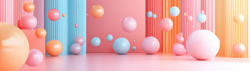 Poster - Vibrant abstract background with floating pastel-colored spheres against a striped backdrop. Minimalistic design for modern creative concepts.