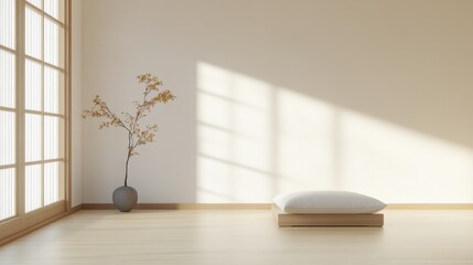 A white room with a vase of flowers and a white pillow on a wooden floor