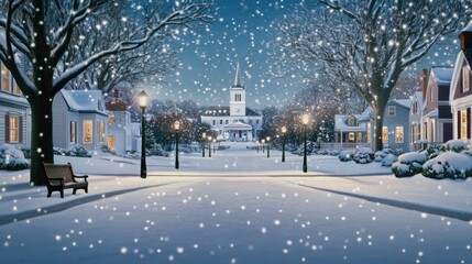 A snow-covered village square is aglow with warm streetlights, while delicate snowflakes fall gently around the charming church tower and hills in the background