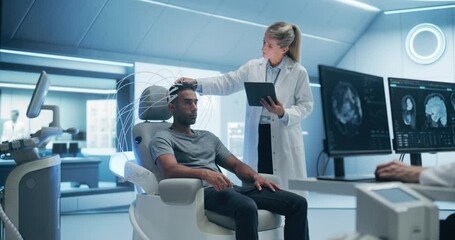 Aufkleber - Futuristic Laboratory: Doctors Use Advanced Brain Scanning Technology to Diagnose and Treat Neural disease, Optimizing Brain Function. Patient Wearing Headset for a High-tech Scan, Advanced Equipment