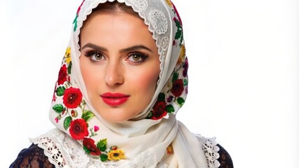 Poster - Young Woman Wearing Traditional White Embroidered Headscarf