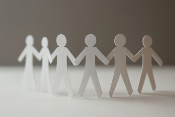 Poster - Minimalist paper doll cutout figures holding hands, symbolizing unity and teamwork on a neutral background.