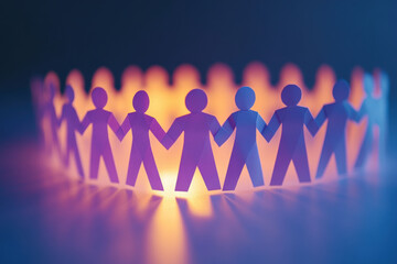 Poster - Paper cutout people holding hands forming a circle, illuminated by warm light. Symbolizing friendship, community, and unity against a dark background.