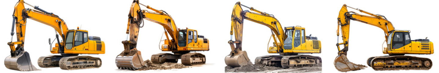 Big yellow excavator on construction site or builder machine isolated on white background. Generative AI.