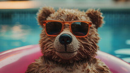 Wall Mural - Cute Teddy Bear Wearing Sunglasses Sitting Floa