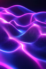 Poster - Futuristic  ed digital landscape with vibrant neon waves and glowing grid, abstract technology wave grid background in retro style.