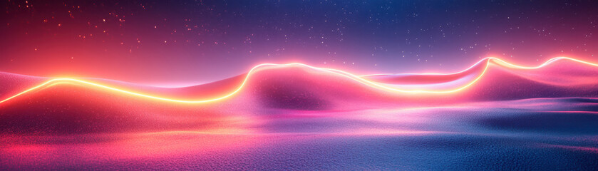 Vibrant neon landscape with glowing lines and starry sky, showcasing futuristic, colorful abstract scenery. Ideal for creative backgrounds or digital art.