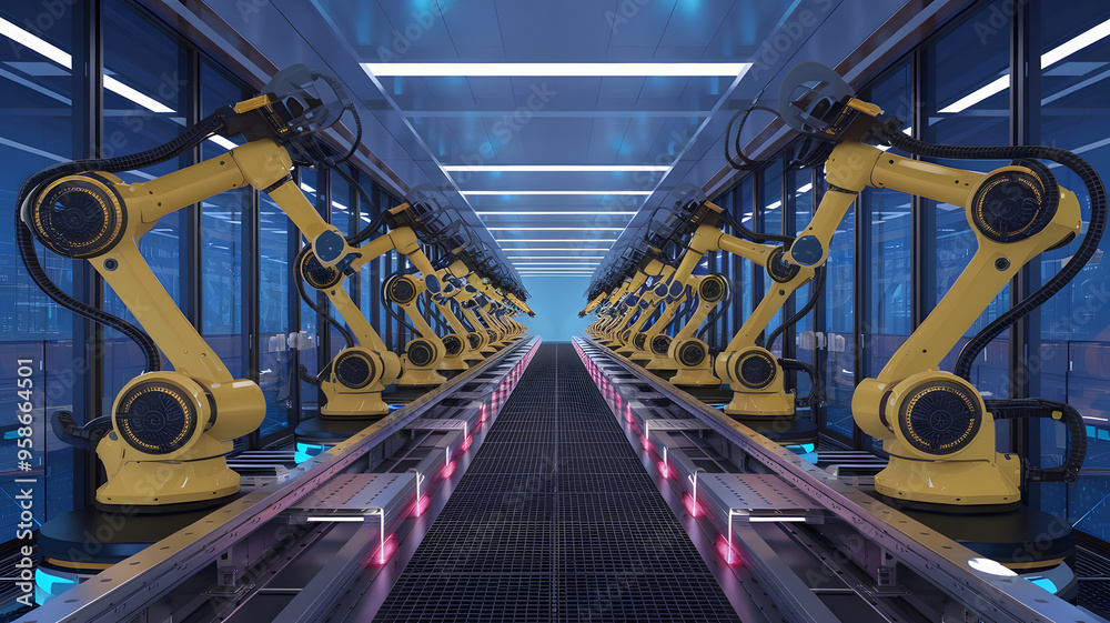 Process Automation: A digital assembly line with robotic arms and ...