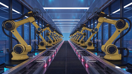 Process Automation: A digital assembly line with robotic arms and automated workflows, symbolizing process automation in business.