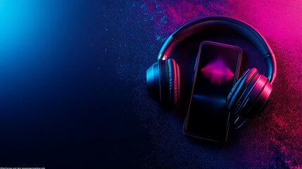 Wall Mural - Black Headphones and Smartphone with Neon Lights