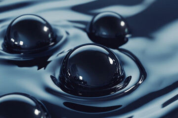 Poster - Close-up of dark, glossy liquid droplets on a smooth surface, reflecting light and creating a serene, abstract scene with a modern, mysterious vibe.