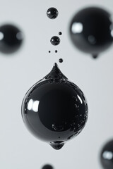 Poster - Abstract closeup of black liquid droplets against a white background. Modern design concept for art and science. High resolution  .