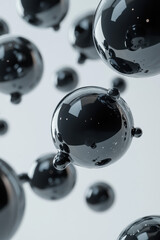 Poster - Close-up of floating black spheres with reflections, against a light background, creating an abstract and futuristic visual effect.