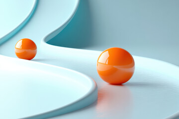 Poster - Two vibrant orange spheres on a sleek, flowing blue surface, creating a modern and abstract visual with smooth, minimalist forms and bright contrasts.