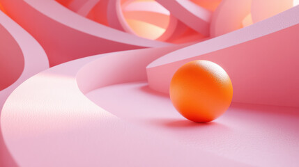 Poster - Abstract   of an orange sphere on a pink textured surface, surrounded by smooth, curved, and looping structures.