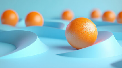Poster - Abstract composition of vibrant orange spheres on a light blue background, featuring flowing curves and a modern, minimalistic aesthetic.