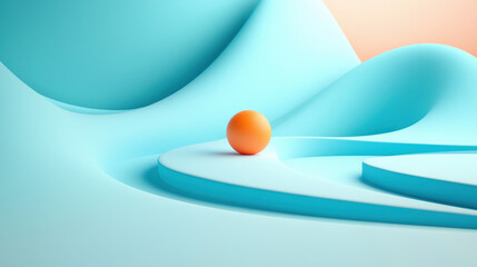 Poster - Abstract image of an orange sphere on soft, curving blue shapes with a light orange gradient background. Minimalist modern design concept.