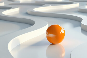 Poster - Modern abstract scene with an orange sphere on a white, wavy surface. Minimalist design showcasing smooth forms and striking contrast in colors.