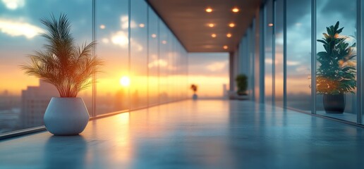 Wall Mural - A long corridor with a view of a city skyline and a sunset outside. The corridor is empty and has plants in pots on the floor.