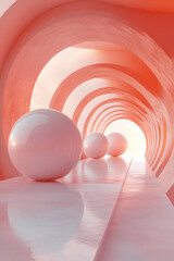 Wall Mural - Surreal abstract corridor with glossy spheres, illuminated by soft light, creating a futuristic and modern atmosphere.