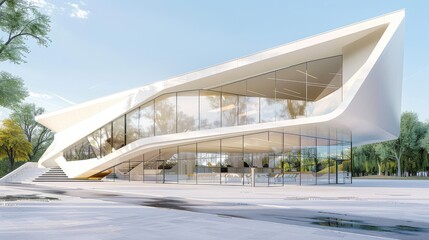 Futuristic building with large glass windows, smooth curves, and a sleek white exterior, set against a bright sky