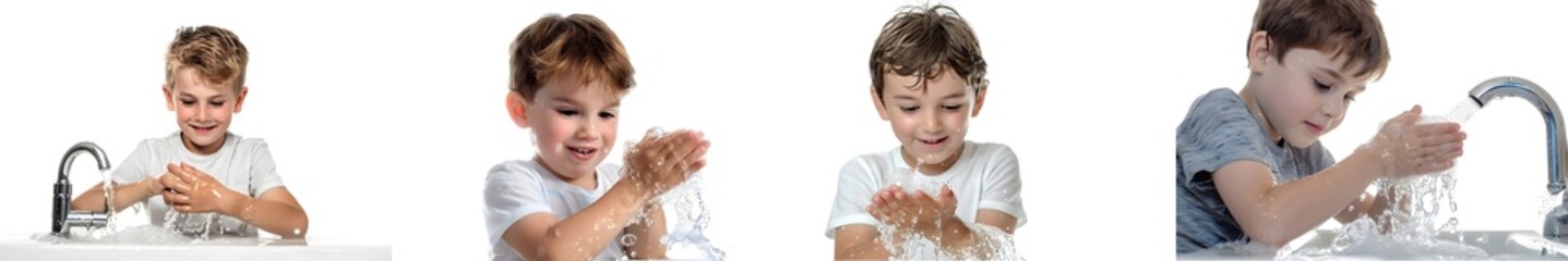 Boy washing his hands with water isolated on white background. Generative AI.