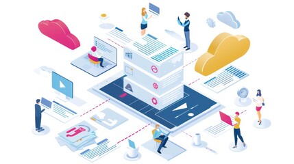 Poster - people using laptops and phones connected to a cloud network.
