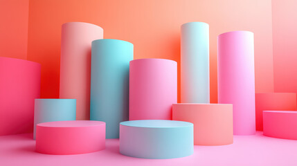 Poster - Colorful abstract geometric shapes in a vibrant gradient background, featuring cylindrical and round forms in pink, blue, and orange hues.