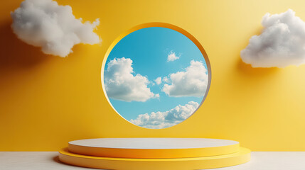 Poster - Vibrant yellow background with a circular window displaying a beautiful blue sky and white fluffy clouds. Minimalist and surreal concept for creativity.