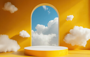 Poster - Surreal yellow room with a round platform and cloud decor, featuring a large arched window opening to a blue sky with clouds.