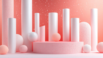 Poster - Abstract pastel geometric shapes in pink tones with circular and cylindrical forms against a dotted background, depicting a modern minimalist design.