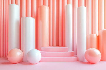 Poster - Modern abstract background with pink and white cylindrical shapes, steps, and spheres in soft pastel hues, creating a serene and contemporary scene.