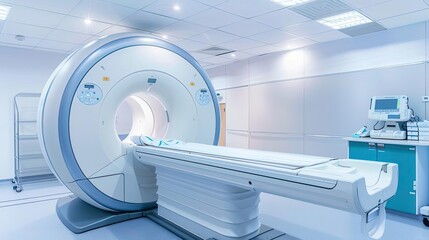 A modern MRI machine in a clean and well-lit medical facility, ready for patient examination and diagnostics.