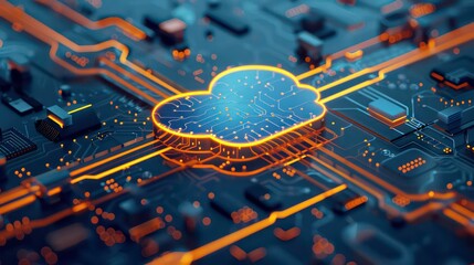 Poster - A cloud symbol sits on a futuristic looking circuit board with glowing orange lines.