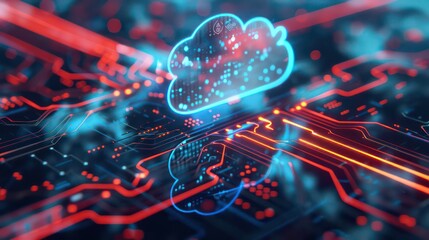 Poster - Abstract glowing cloud icon over orange illuminated digital circuit board.