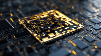Poster - A stylish black and gold QR code rests prominently on a glossy surface, capturing reflections and emphasizing its modern design in a tech-driven environment